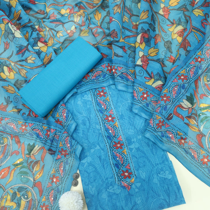 Kohinoor French Blue Kantha Work Chanderi Suit Set