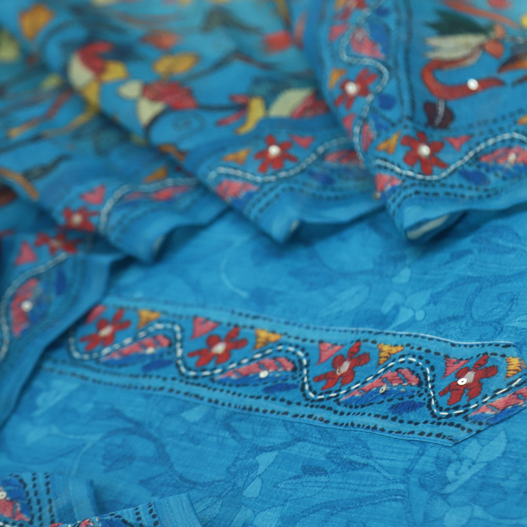 Kohinoor French Blue Kantha Work Chanderi Suit Set