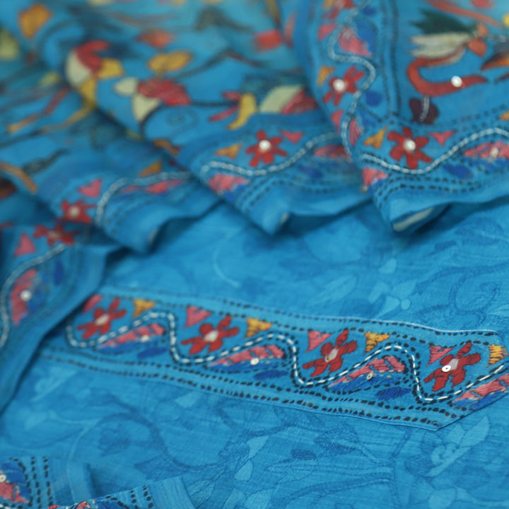 Kohinoor French Blue Kantha Work Chanderi Suit Set