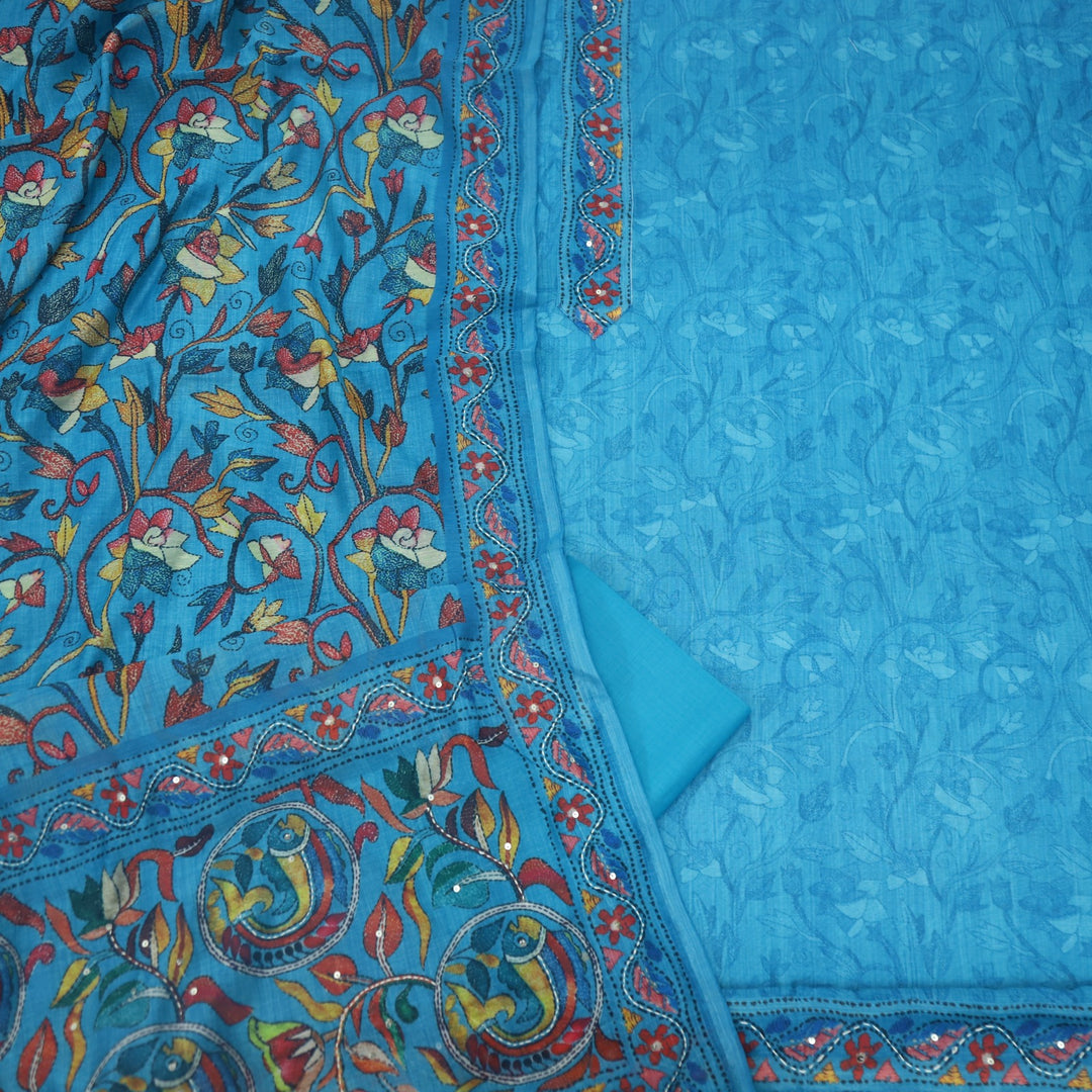 Kohinoor French Blue Kantha Work Chanderi Suit Set
