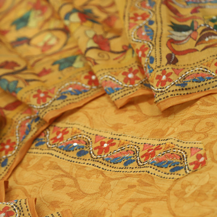 Kohinoor Tangerine Orange Kantha Work Chanderi Suit Set
