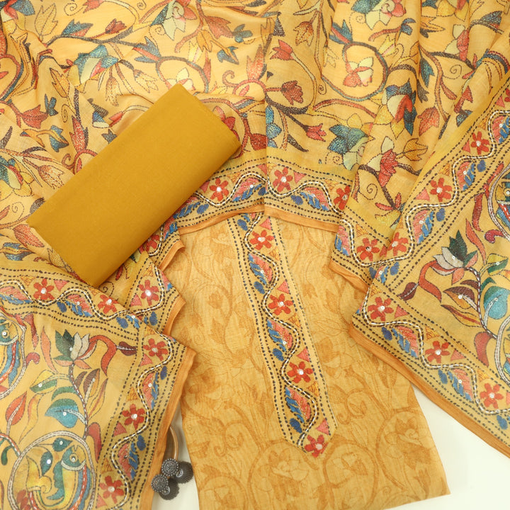 Kohinoor Tangerine Orange Kantha Work Chanderi Suit Set