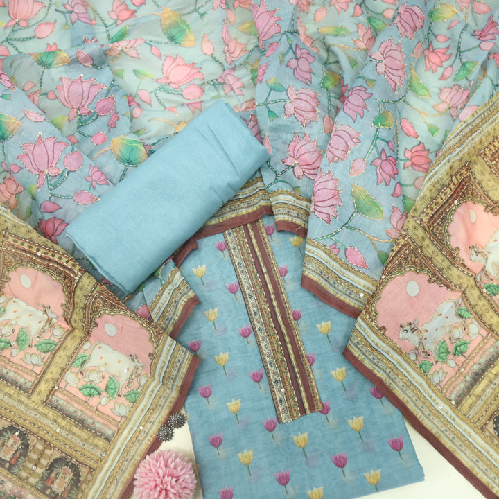 Kohinoor Sky Blue Pichwai Print Kantha Work Chanderi Suit Set