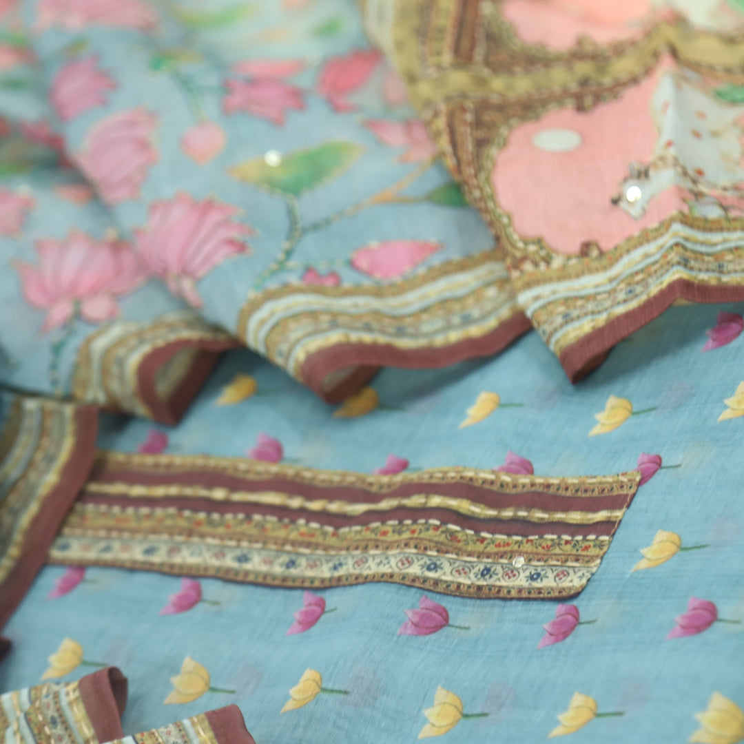 Kohinoor Sky Blue Pichwai Print Kantha Work Chanderi Suit Set