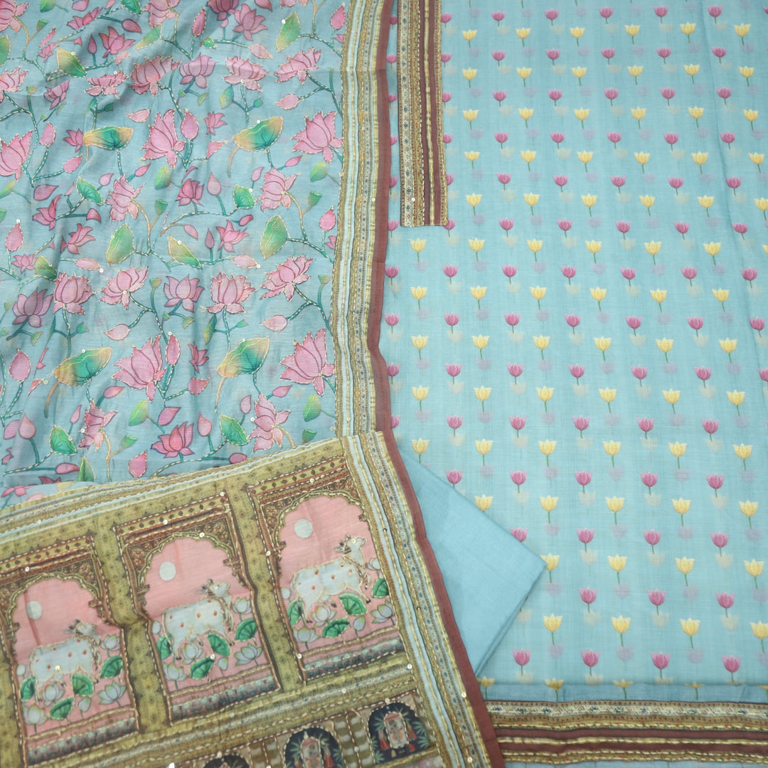 Kohinoor Sky Blue Pichwai Print Kantha Work Chanderi Suit Set