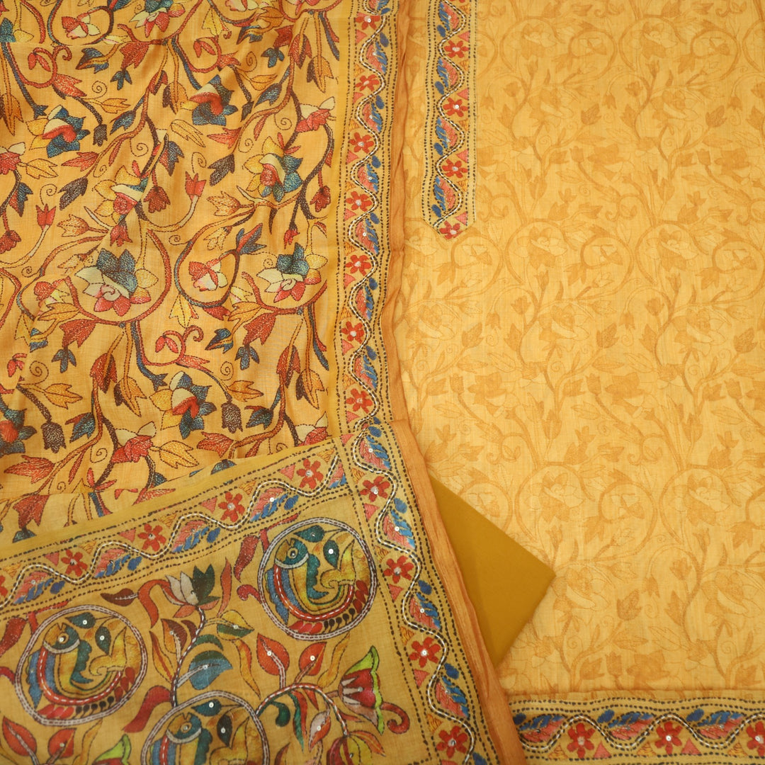 Kohinoor Tangerine Orange Kantha Work Chanderi Suit Set