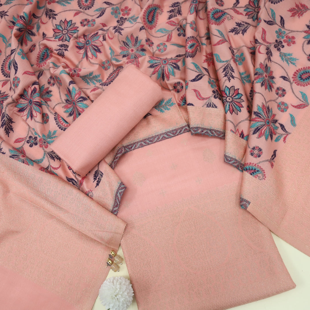 Paash Peach Pink Zari Weaved Semi Pashmina Suit Set