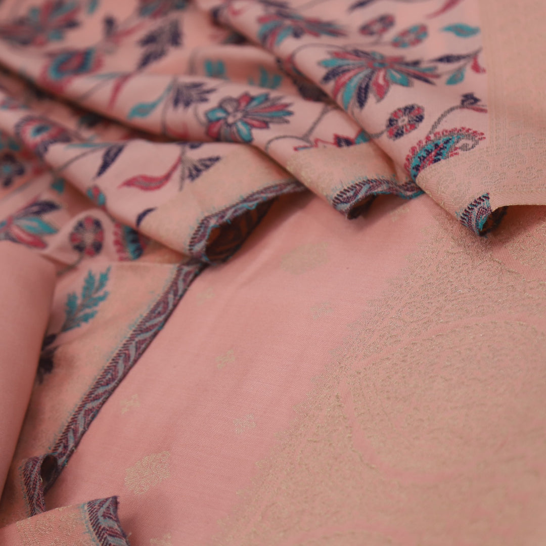 Paash Peach Pink Zari Weaved Semi Pashmina Suit Set