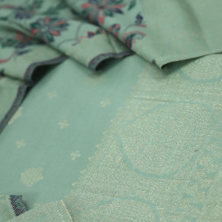 Paash Pistachio Green Zari Weaved Semi Pashmina Suit Set