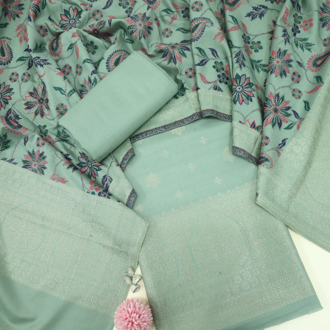 Paash Pistachio Green Zari Weaved Semi Pashmina Suit Set