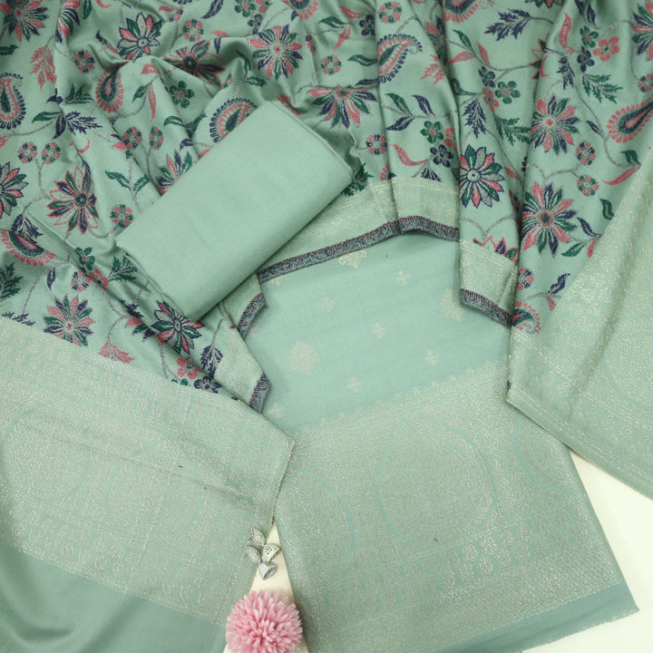 Paash Pistachio Green Zari Weaved Semi Pashmina Suit Set