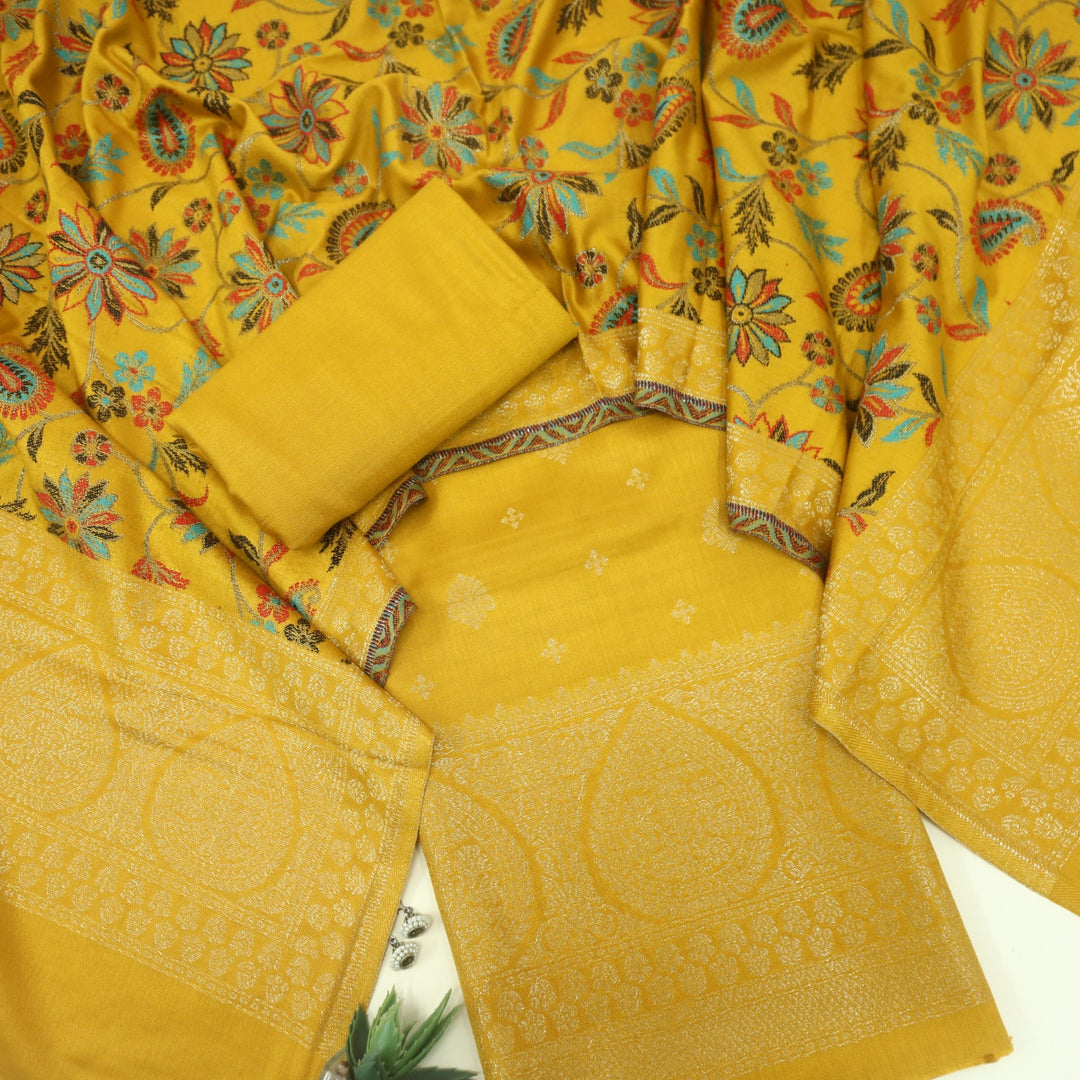 Paash Canary Yellow Zari Weaved Semi Pashmina Suit Set
