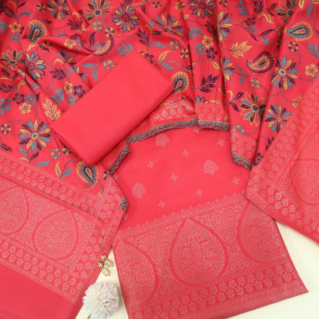 Paash Bright Pink Zari Weaved Semi Pashmina Suit Set