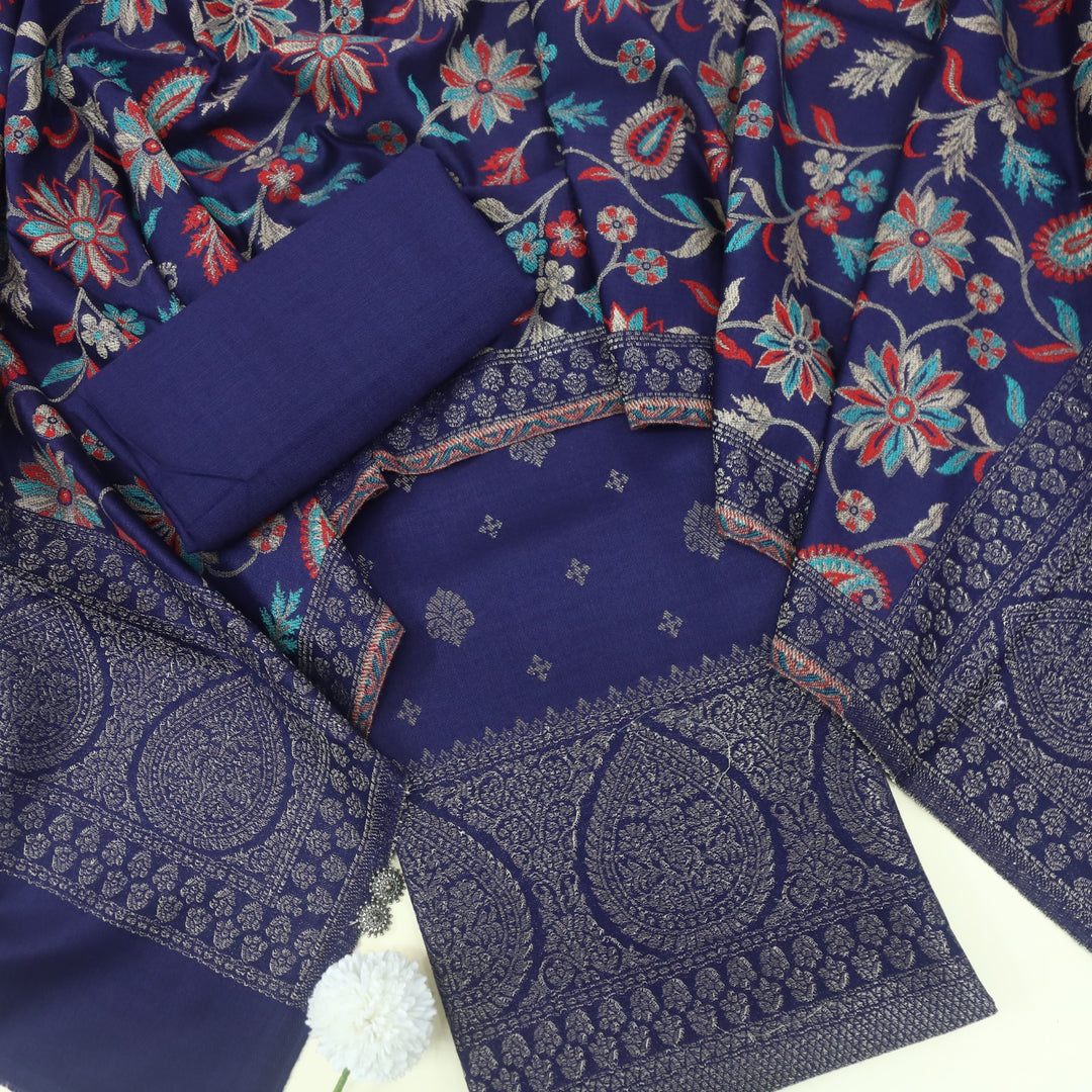 Paash Indigo Purple Zari Weaved Semi Pashmina Suit Set