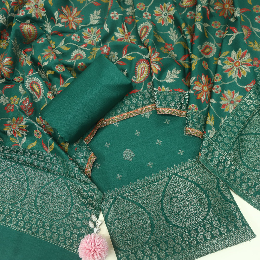 Paash Sacramento Green Zari Weaved Semi Pashmina Suit Set