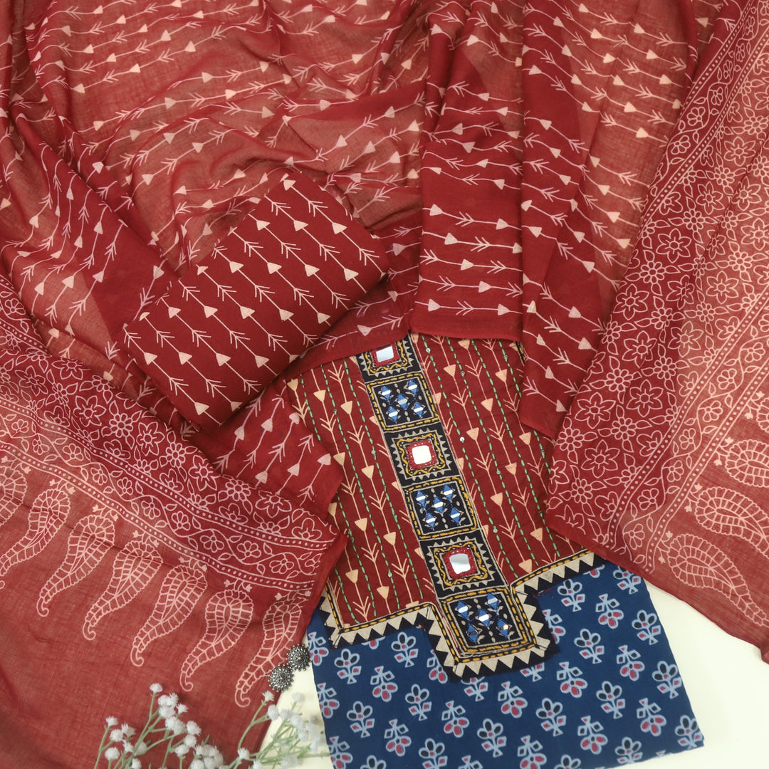Ruhani Azure Blue Ajrak Printed Cotton Suit Set