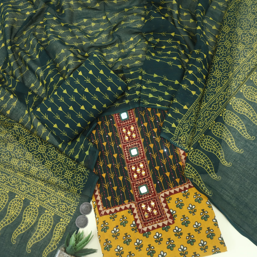 Ruhani Sunglow Yellow Ajrak Printed Cotton Suit Set