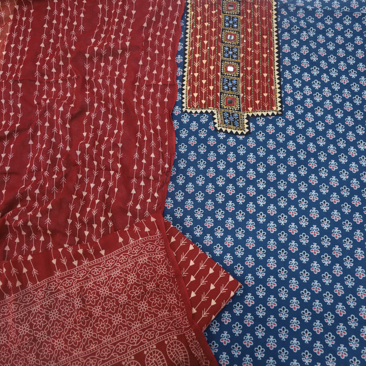 Ruhani Azure Blue Ajrak Printed Cotton Suit Set