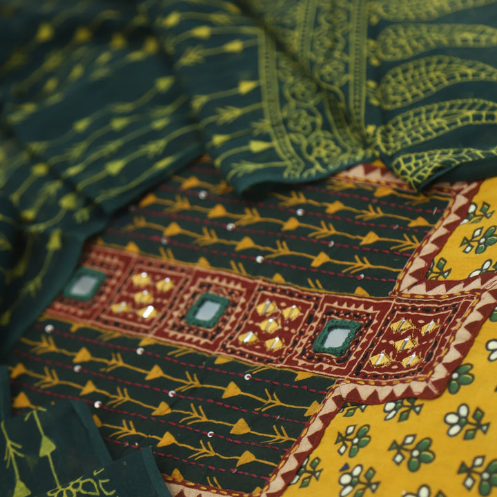 Ruhani Sunglow Yellow Ajrak Printed Cotton Suit Set