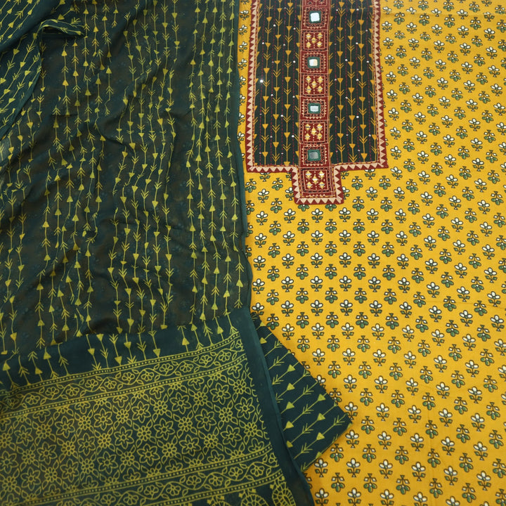 Ruhani Sunglow Yellow Ajrak Printed Cotton Suit Set