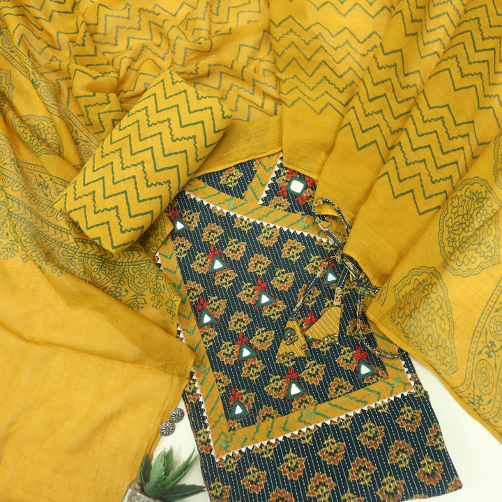 Ruhani British Green Angrakha Style Cotton Suit Set