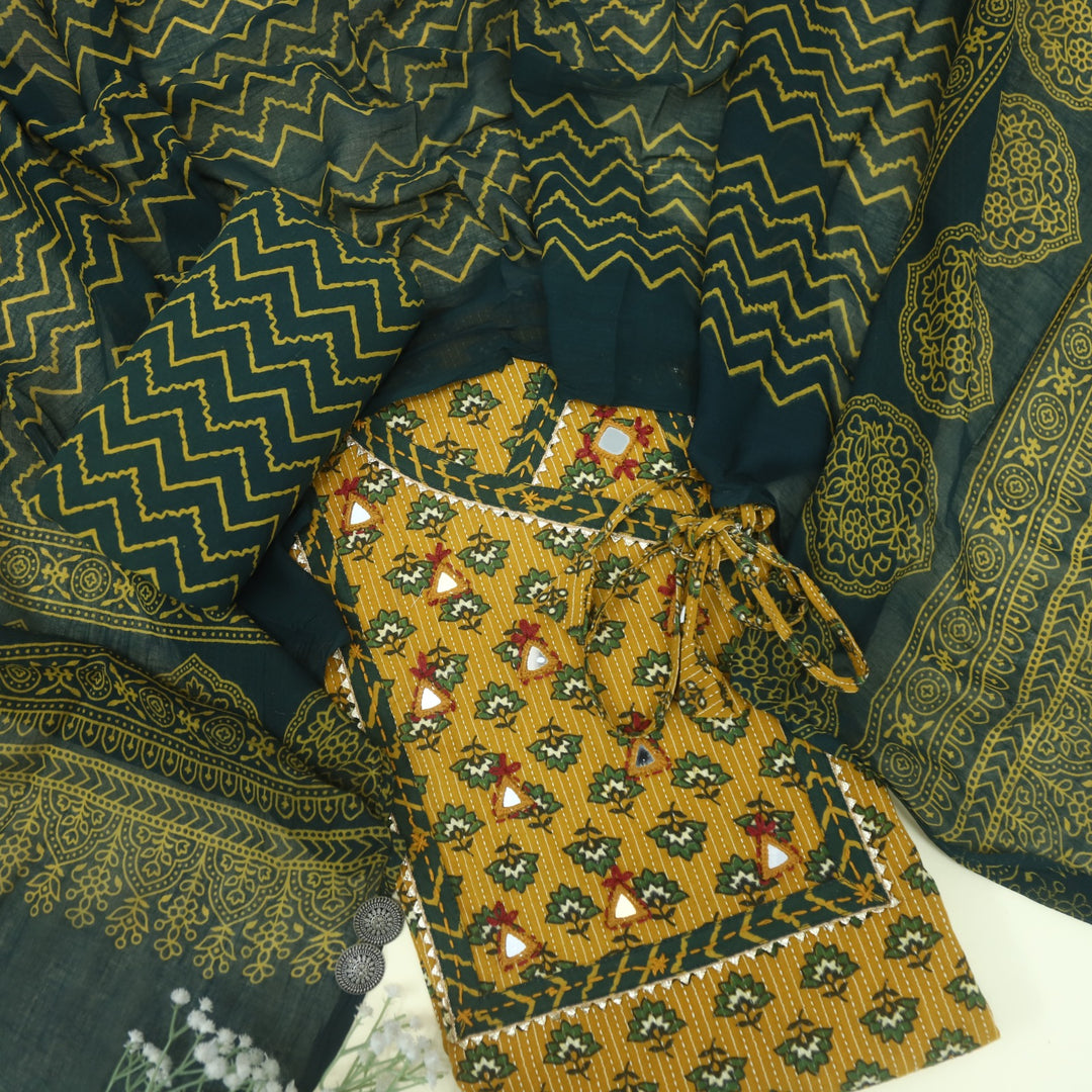 Ruhani Cyber Yellow Angrakha Style Cotton Suit Set