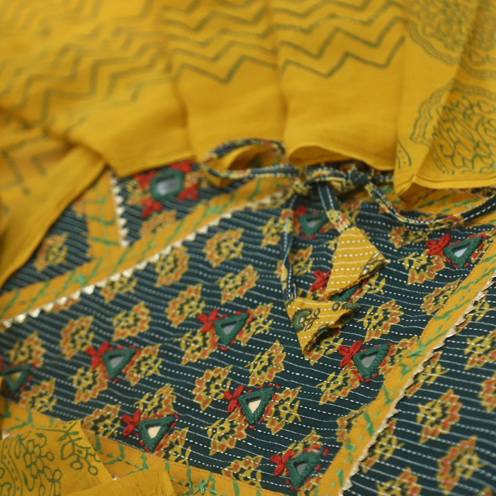 Ruhani British Green Angrakha Style Cotton Suit Set