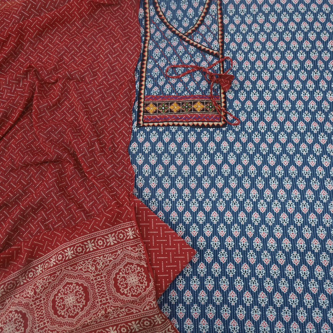 Ruhani Indigo Blue Angrakha Style Cotton Suit Set