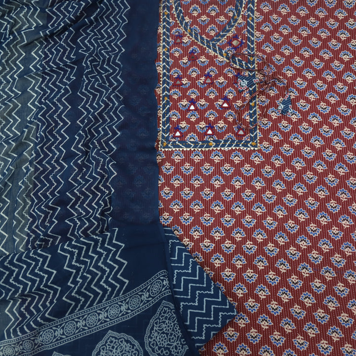 Ruhani Carmine Red Angrakha Style Cotton Suit Set
