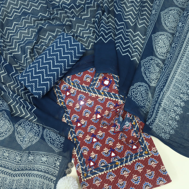 Ruhani Carmine Red Angrakha Style Cotton Suit Set