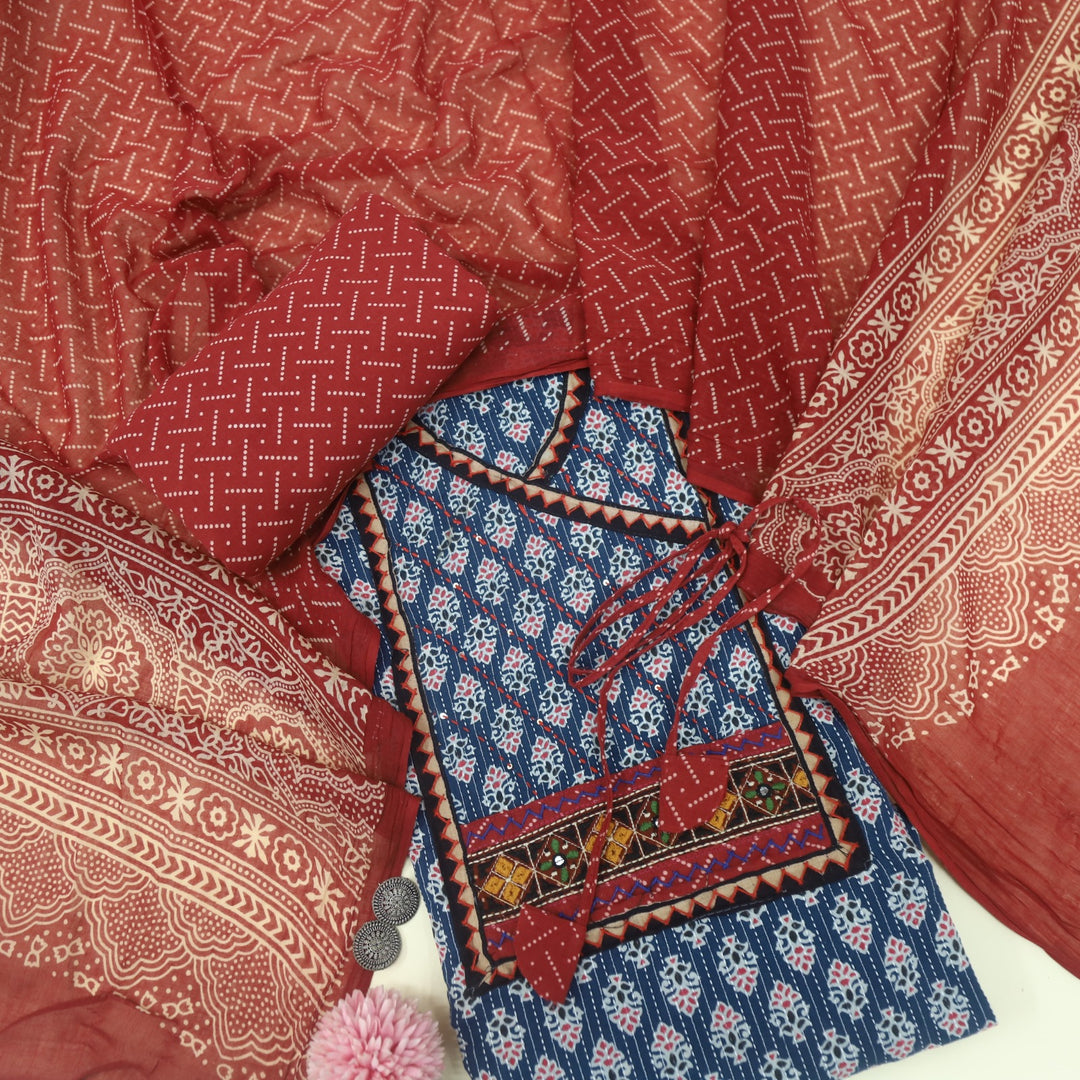 Ruhani Indigo Blue Angrakha Style Cotton Suit Set