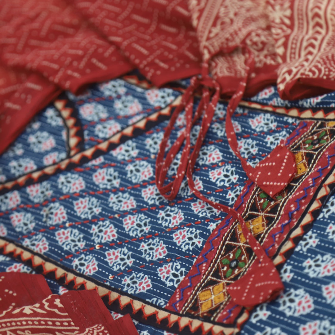Ruhani Indigo Blue Angrakha Style Cotton Suit Set