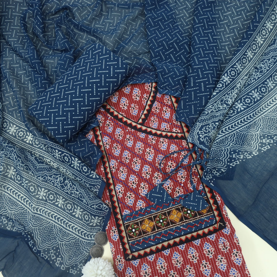 Ruhani Fire Red Angrakha Style Cotton Suit Set