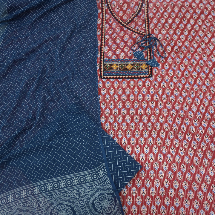 Ruhani Fire Red Angrakha Style Cotton Suit Set