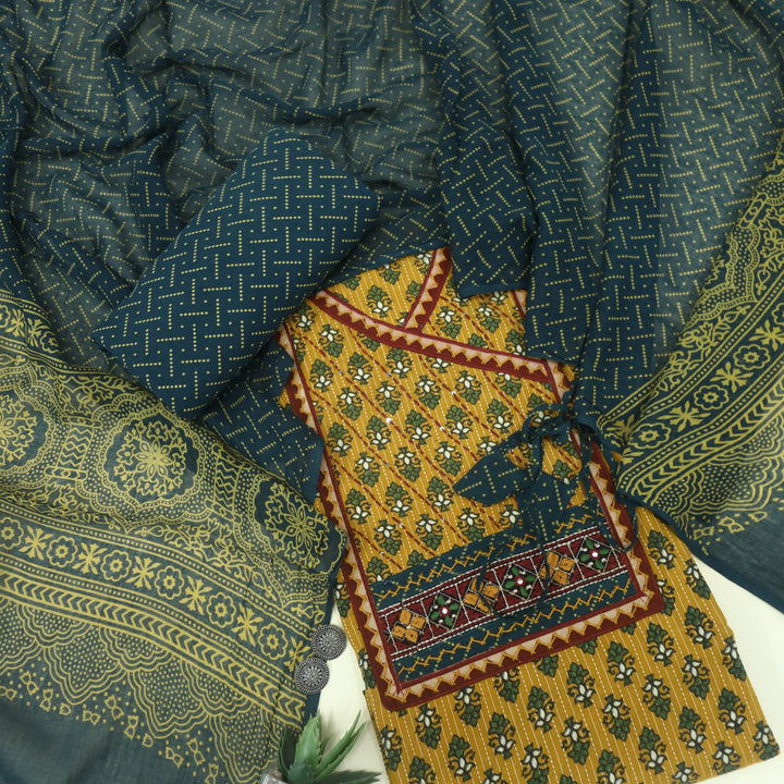 Ruhani Mikado Yellow Angrakha Style Cotton Suit Set