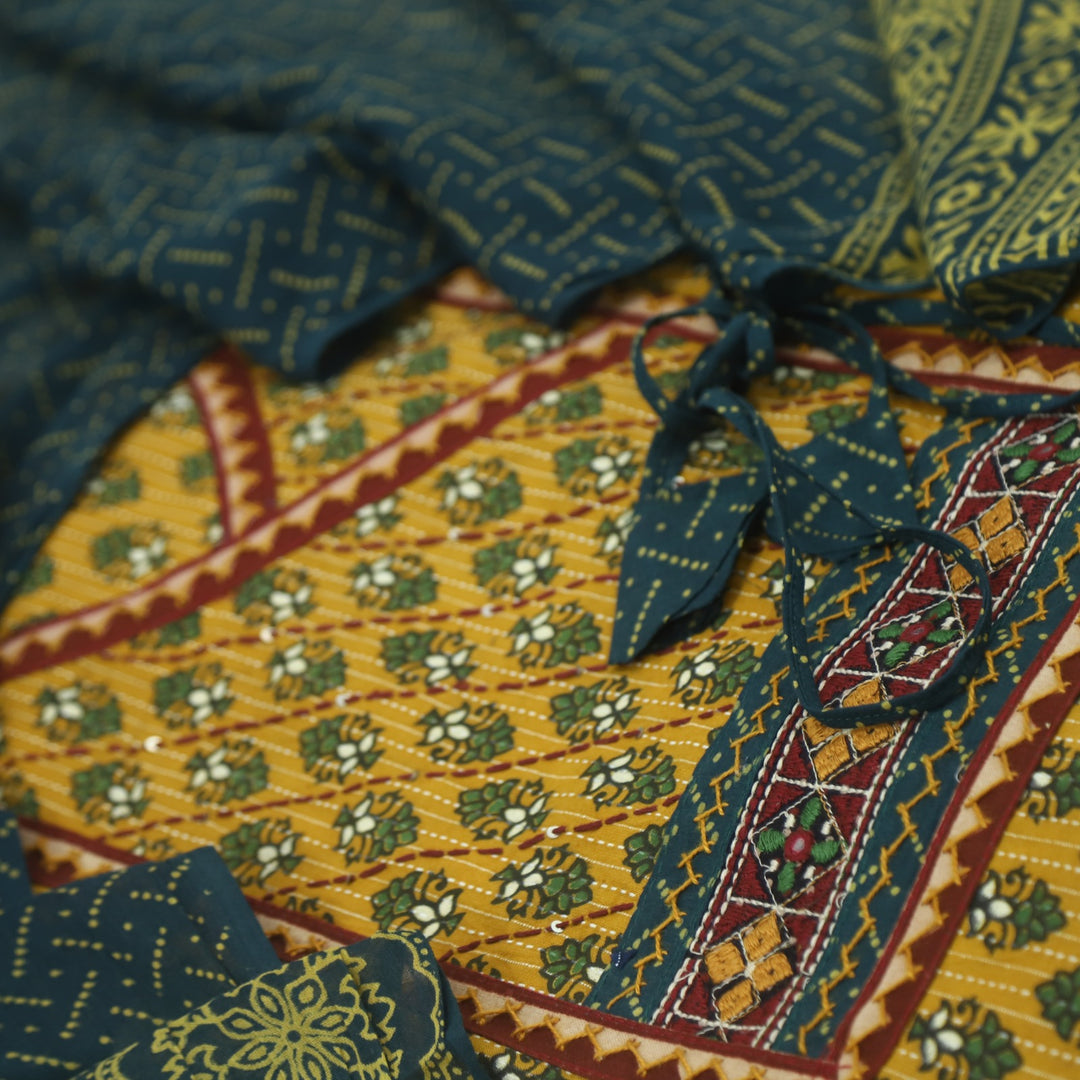 Ruhani Mikado Yellow Angrakha Style Cotton Suit Set