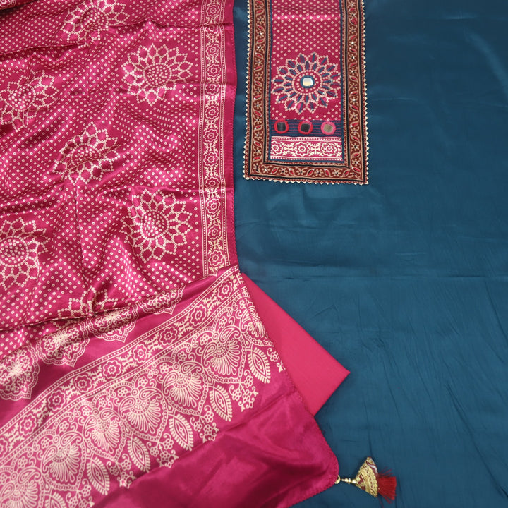 Ruhani Spruce Blue Mirror Work Glazed Cotton Suit with Stole Dupatta