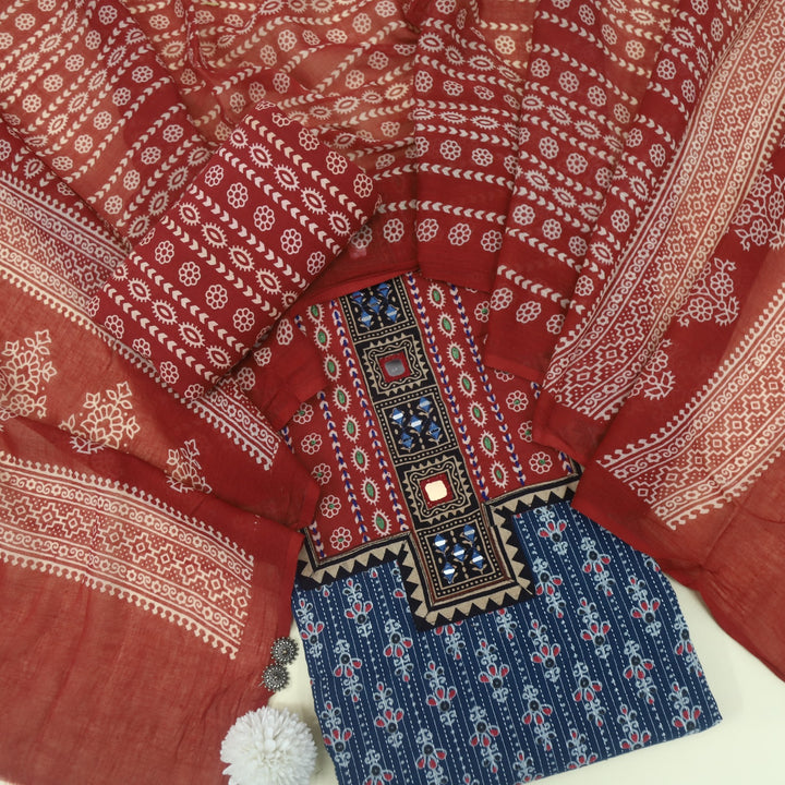 Ruhani Azure Blue Ajrak Printed Cotton Suit Set