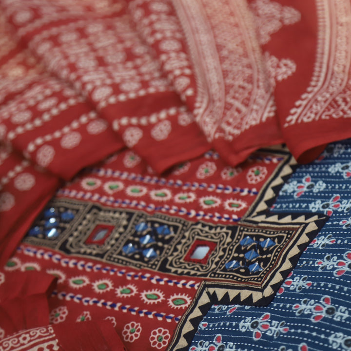 Ruhani Azure Blue Ajrak Printed Cotton Suit Set