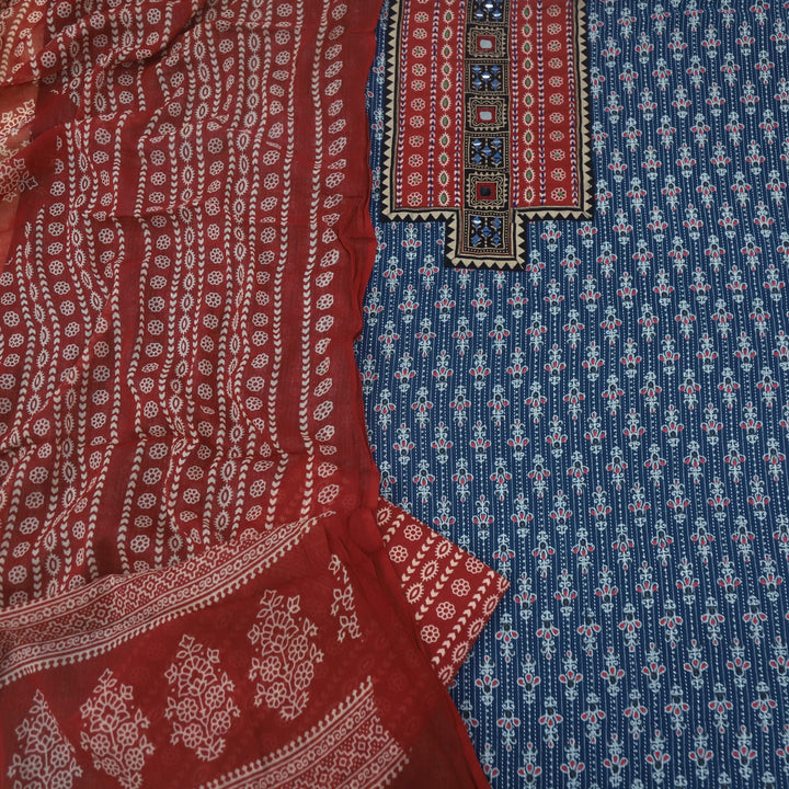 Ruhani Azure Blue Ajrak Printed Cotton Suit Set
