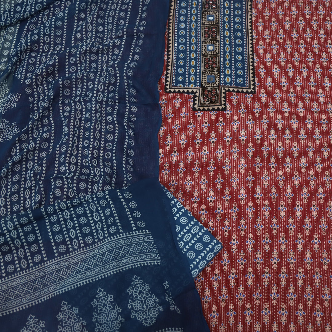 Ruhani Cherry Red Ajrak Printed Cotton Suit Set