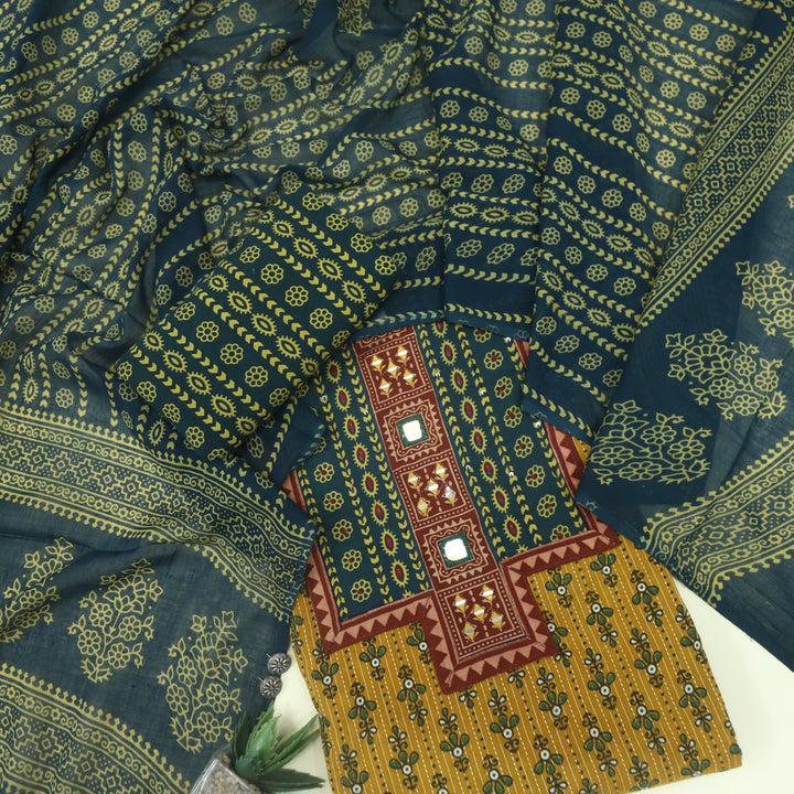 Ruhani Amber Yellow Ajrak Printed Cotton Suit Set
