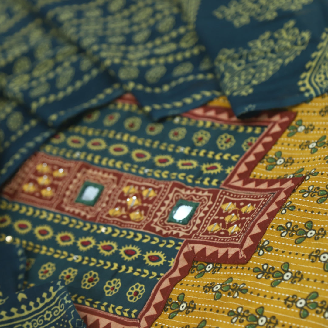 Ruhani Amber Yellow Ajrak Printed Cotton Suit Set