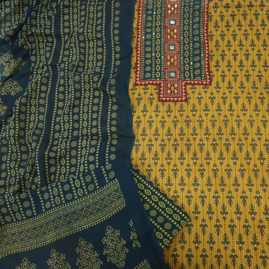 Ruhani Amber Yellow Ajrak Printed Cotton Suit Set