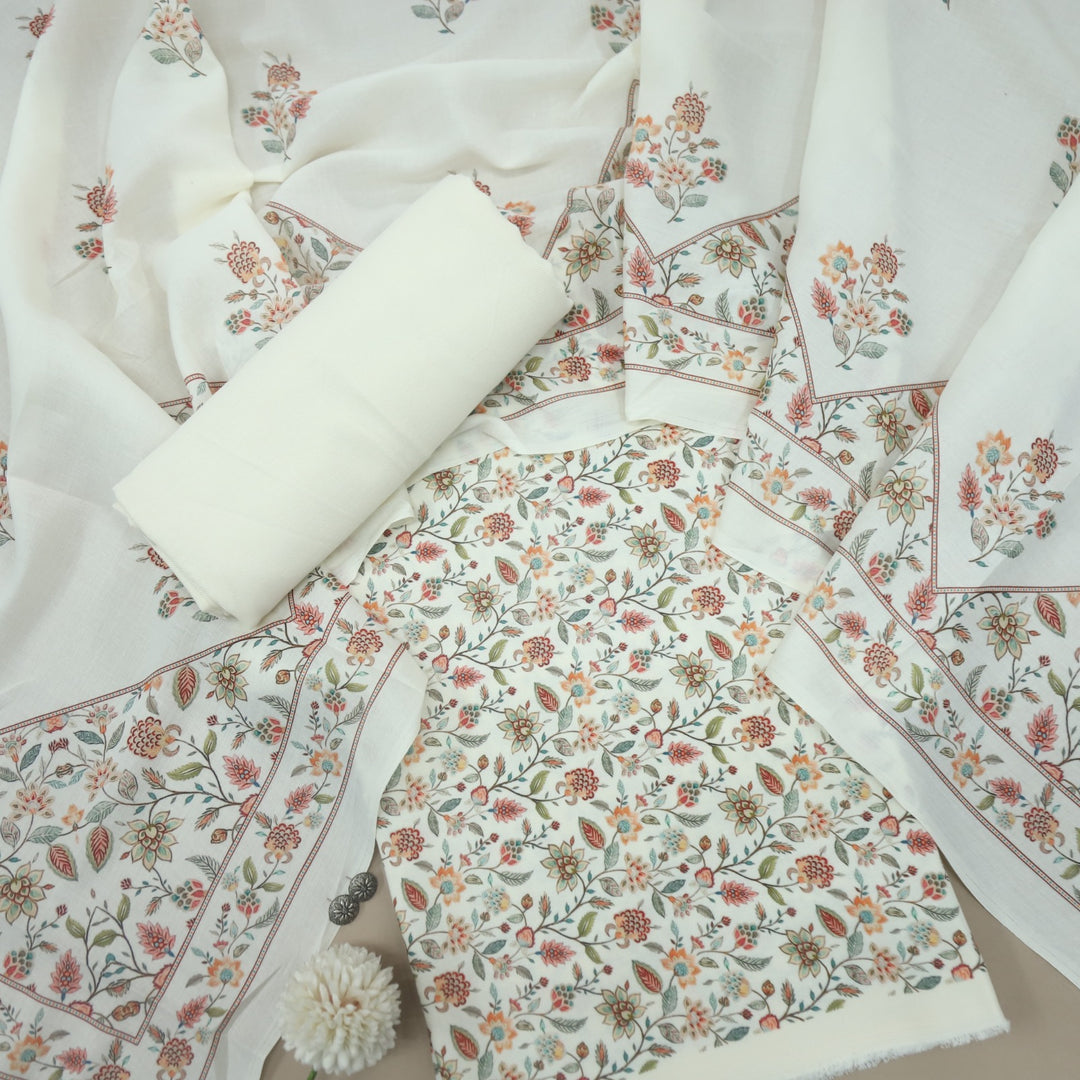 Sharbati Cream White Floral Print Semi Pashmina Suit Set D-3