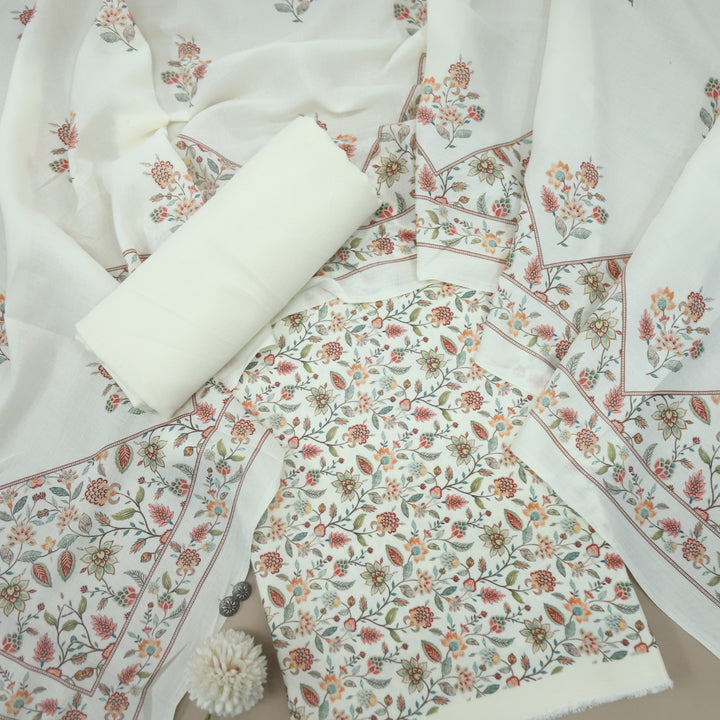 Sharbati Cream White Floral Print Semi Pashmina Suit Set D-3
