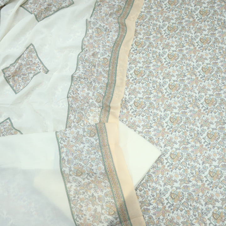Sharbati Cream White Floral Print Semi Pashmina Suit Set D-5