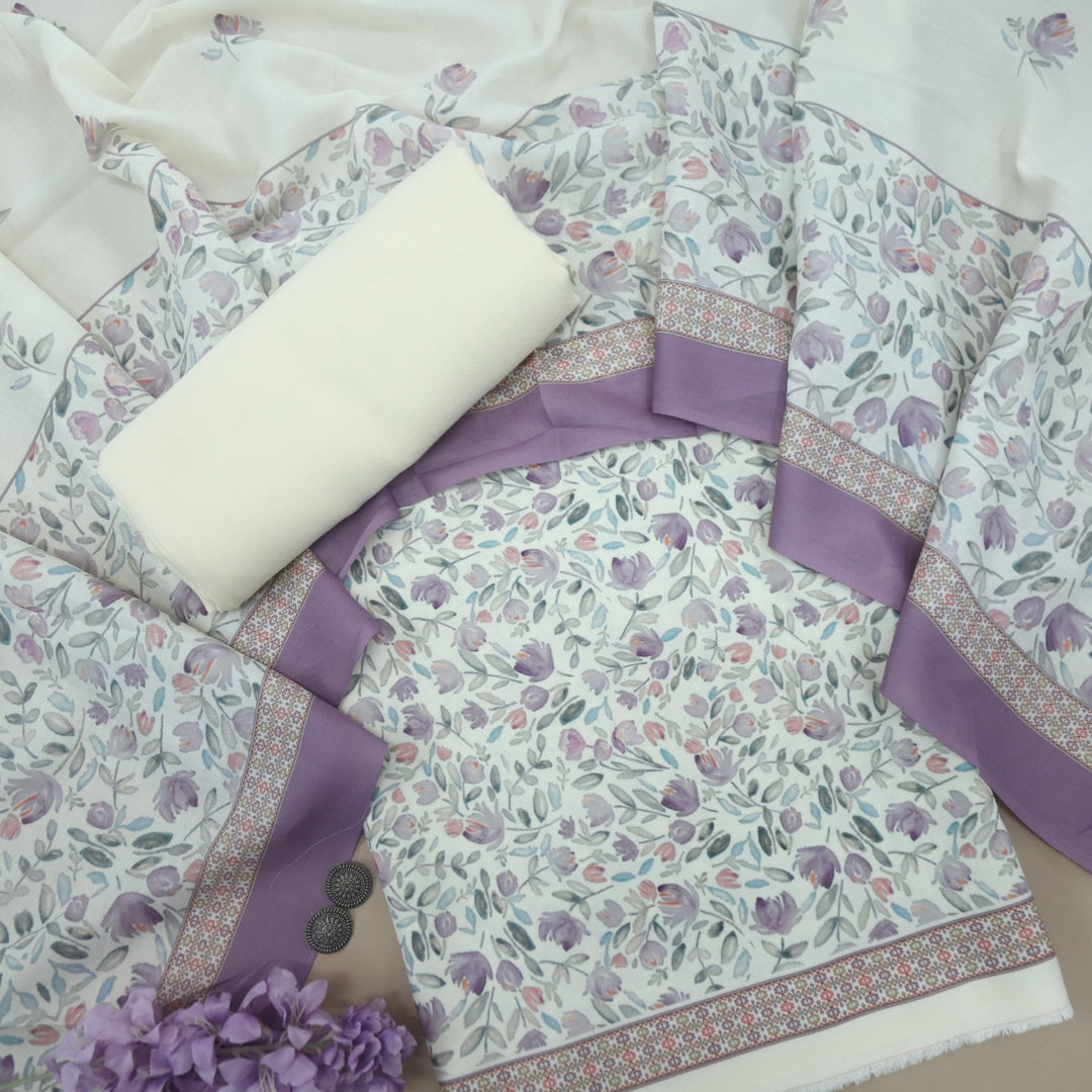 Sharbati Cream White Floral Print Semi Pashmina Suit Set D-2