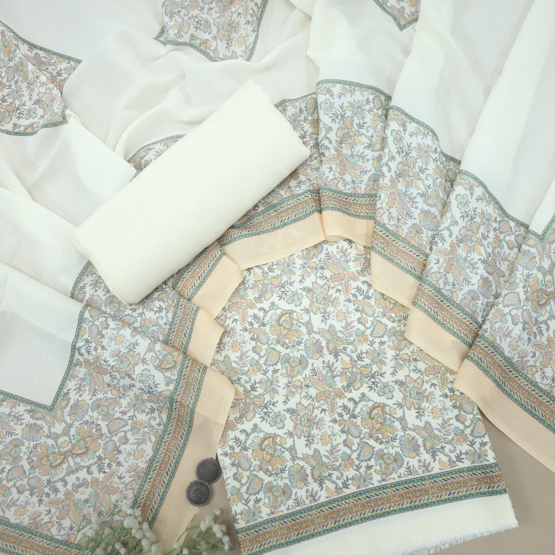 Sharbati Cream White Floral Print Semi Pashmina Suit Set D-5