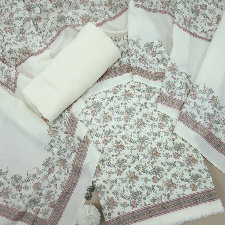 Sharbati Cream White Floral Print Semi Pashmina Suit Set D-6